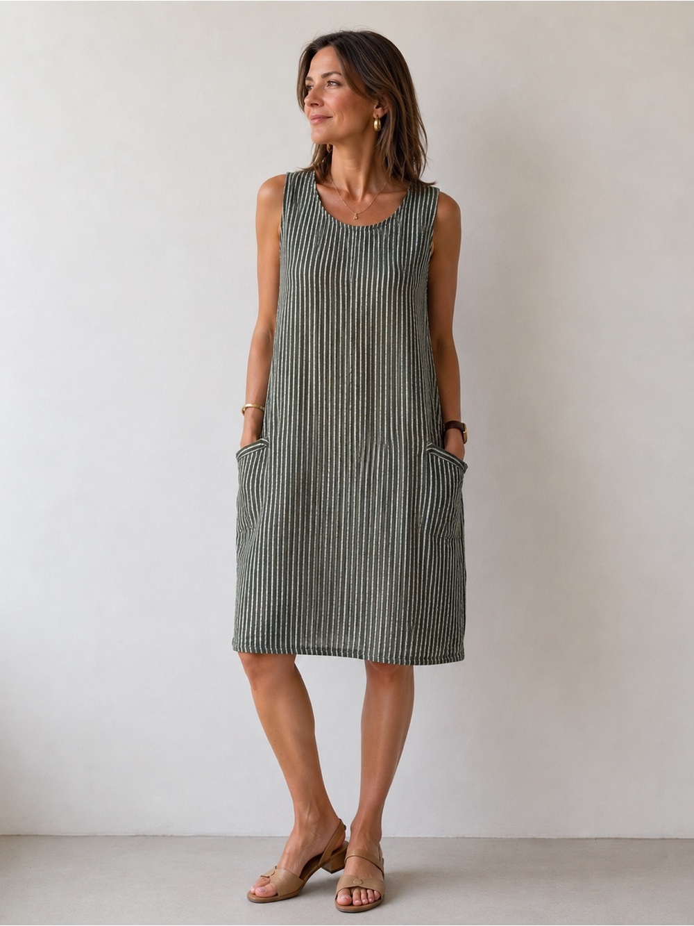 Made in Italy Lagenlook Striped Cotton Dress Pockets Olive Green Summer Shift OS
